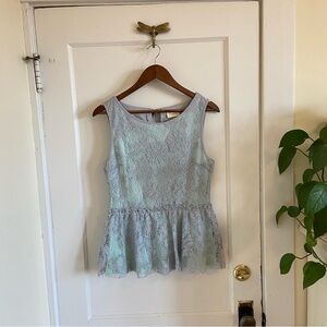 Anthropologie Deletta Peplum Gray and Green Lace Overlay Top Small